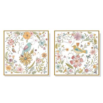 Wall Art 40cmx40cm Floral birds 2 Sets Gold Frame Canvas