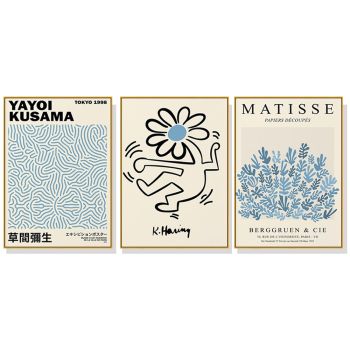 Wall Art 40cmx60cm Blue Matisse,Yayoi Kusama, Keith Haring Mix Art 3 Sets Gold Frame Canvas