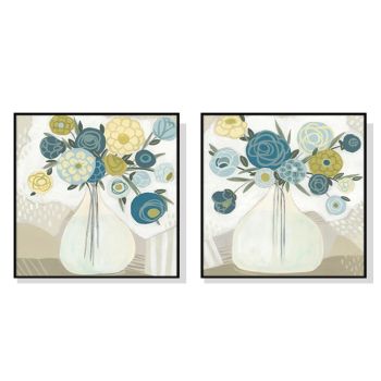 Wall Art 50cmx50cm Blue Bouquet 2 Sets Black Frame Canvas