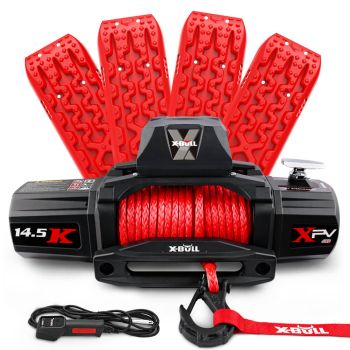 X-BULL 14500LBS Electric Winch 12V synthetic rope with 4PCS Recovery Tracks Gen3.0 Red