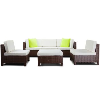 LONDON RATTAN 6pc Outdoor Furniture Setting Wicker Lounge Sofa Set Ottoman Brown