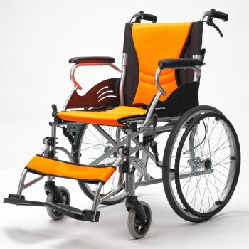 EQUIPMED Folding Aluminium Wheelchair, 20" Wheels, Park Brakes, 100kg Capacity, Orange