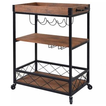 EKKIO 3 Tiers Kitchen Serving Wine Cart Trolley with Wine Rack (Walnut)