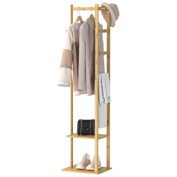 EKKIO Bamboo Clothing Rack with 3 Hanger Hooks (Natural Wood) EK-BCR-100-JS