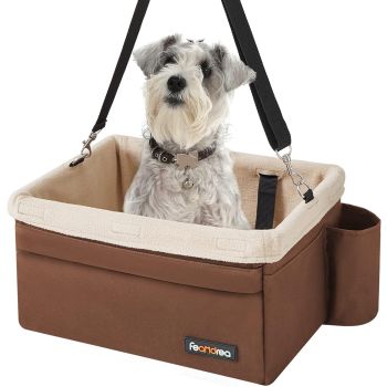 Feandrea Dog Car Seat Adjustable Straps Washable Liner 4 Pockets Brown and Beige