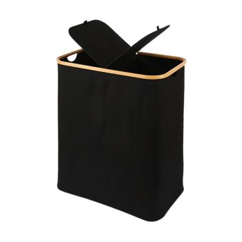 GOMINIMO Folding Bamboo & Canvas Laundry Hamper with Double Lid(Black)GO-LB-117-SJ