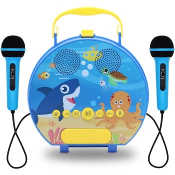 GOMINIMO Kids Portable Karaoke with Two Microphones (Round, Blue Shark)