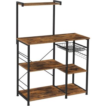 VASAGLE Baker's Rack with Shelves Microwave Stand with Wire Basket 6 S-Hooks Rustic Brown KKS35X