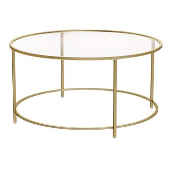 VASAGLE Round Coffee Table Glass Table with Steel Frame Gold LGT21G