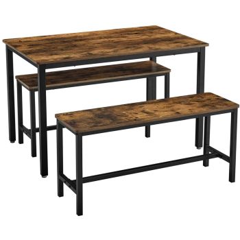 VASAGLE Dining Table Set with 2 Benches Rustic Brown and Black KDT070B01