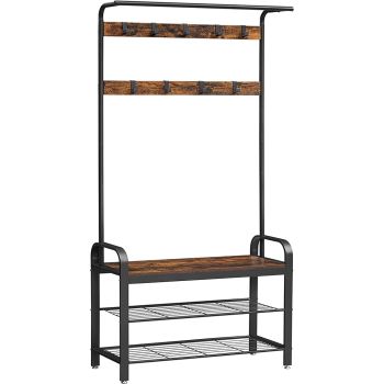 VASAGLE Coat Rack Hall Tree with Shoe Bench 3-in-1 Design Rustic Brown and Black