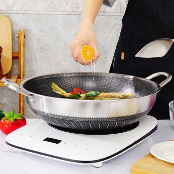 304 Stainless Steel 34cm Double Ear Non-Stick Stir Fry Cooking Kitchen Wok Pan Without Lid Honeycomb Double Sided