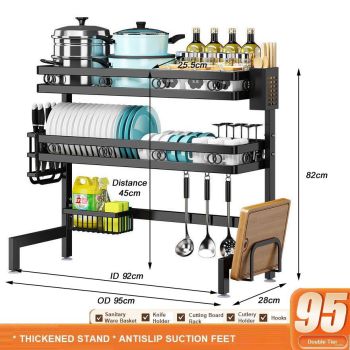 95cm Double Tier Dish Drying Rack Holder Drain caddy Kitchen Drainer Storage Over Sink Organiser