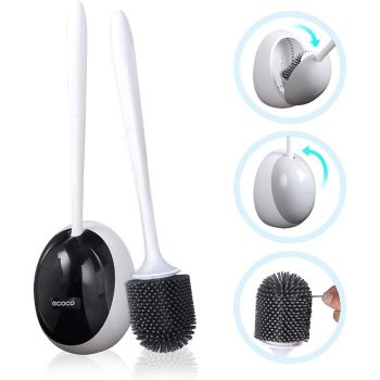 Ecoco Silicone Water Drop Toilet Brush Holder Set Wall-Mounted Cleaning Brush Tool Black