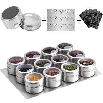 Magnetic Spice Jars Containers Spice Tins Wall Mounted Stainless Steel Base New 12PCS