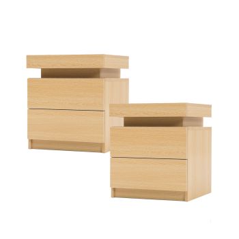 2X Bedside Table 2 Drawers RGB LED Bedroom Cabinet Nightstand Gloss AURORA OAK