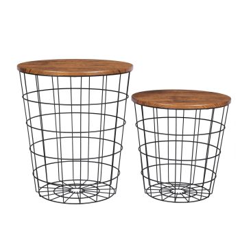 YES4HOMES Vintage Round Coffee Tables Set of 2 Side Tables Robust Steel Frame for Living Room Bedroom Rustic Brown and Black