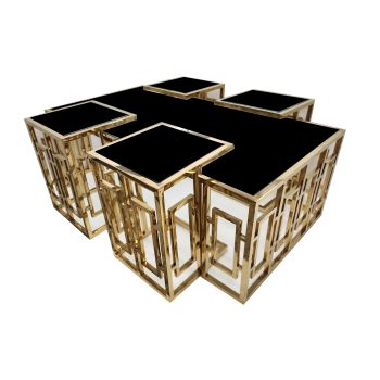 Pinnacle Set of 5 Coffee Table Gold Base - Black Glass