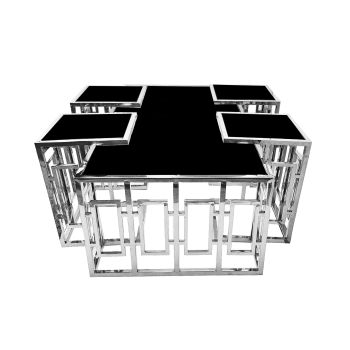 Pinnacle Set of 5 Coffee Table Silver Base - Black Glass