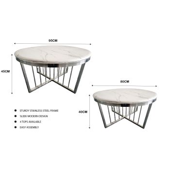 Salina Coffee Table 80cm Silver Base - White Marble