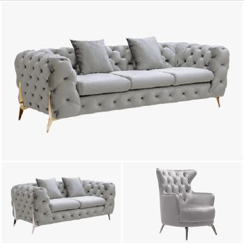 Grand Tufted Lounge - Light Grey Velvet - Gold Legs