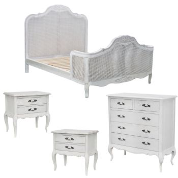 Alice 4pc King Bed Suite Bedside Tallboy Bedroom Rattan Furniture Package White