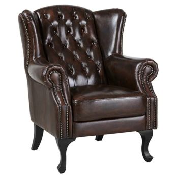 Max Chesterfield Winged Armchair Single Seater Sofa Genuine Leather Antique Brown