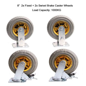 4x 8" Heavy Duty Industrial 2x Swivel Brake + 2x fixed Caster Tyre Tyres Wheel Wheels Castor 1000KG Trolley