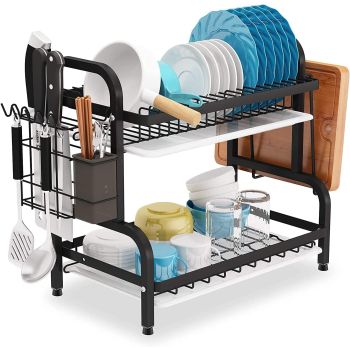 Dish Rack 2 Tier Dish Dryer Drainer Stainless Steel Dish Drying Rack Drip Trays Side Holder Kitchen Storage Save Space