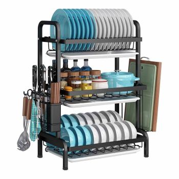 Dish Rack 3 Tier Dish Dryer Drainer Stainless Steel Dish Drying Rack Drip Trays Side Holder Kitchen Storage Save Space