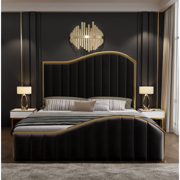 King Size Black Velvet Fabric Golden Metal Storage Elegant Luxury Bedframe