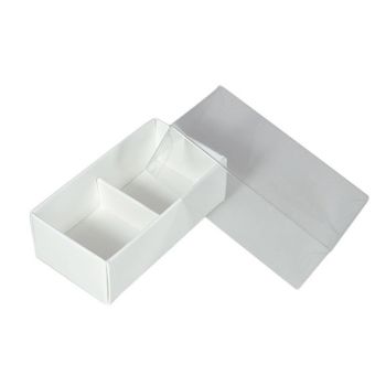 100 Pack of White Card Chocolate Sweet Soap Product Reatail Gift Box - 2 Bay Compartments - Clear Slide On Lid - 8x4x3cm