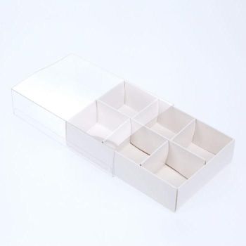 100 Pack of White Card Chocolate Sweet Soap Product Reatail Gift Box - 6 Bay Compartments - Clear Slide On Lid - 12x8x3cm