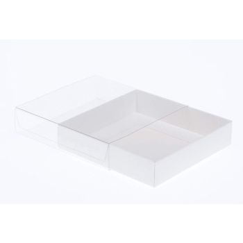 100 Pack of 10cm Square Invitation Coaster Favor Function product Presentation Cookie Biscuit Patisserie Gift Box - 2cm deep - White Card with Clear Slide On PVC Lid