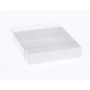 100 Pack of 15cm Square Invitation Coaster Favor Function product Presentation Cookie Biscuit Patisserie Gift Box - 4cm deep - White Card with Clear Slide On PVC Lid