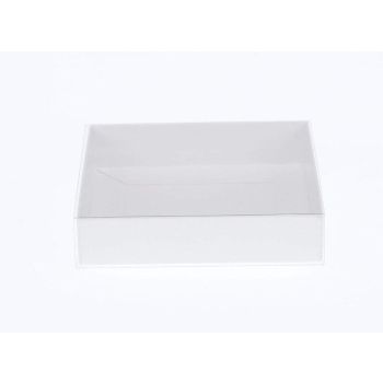 100 Pack of 8cm Square Wedding Invitation Coaster Favor Function product Presentation Cookie Biscuit Patisserie Gift Box - 2cm deep - White Card with Clear Slide On PVC Lid