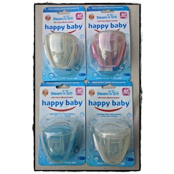 25 x 4 Pack (100 Pieces) -Wholesale Resell Retail  Happy Baby Steam n Go Cherry Silicone Soother