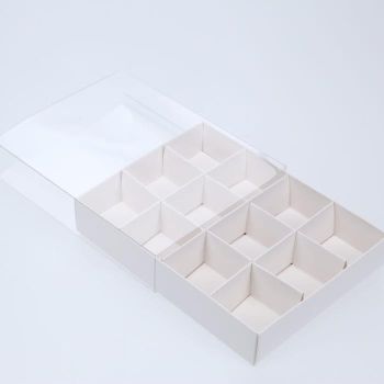 10 Pack of White Card Chocolate Sweet Soap Product Reatail Gift Box - 12 bay 4x4x3cm Compartments  - Clear Slide On Lid - 16x12x3cm