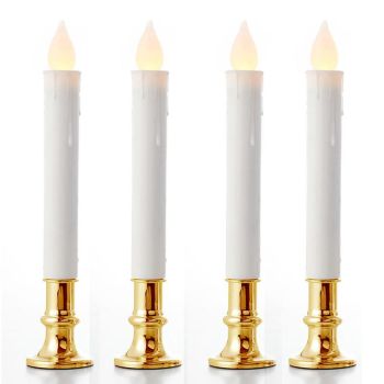 10 Pack Taper Stick White Battery Candle - Natural Flame Light Colour No Flicker - Gold Stand Base