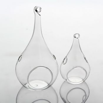 10 Pack of Hanging Clear Glass Tealight Candle Holder Tear Drop Pear Shape - 12cm High - Terrarium Plant Mini Garden Holder Decor