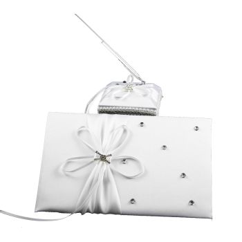 White Wedding Guest Book Register with Silver Pen Matching Stand Set 36 Lined Pages - White Ribbon and Diamante Bow Cover