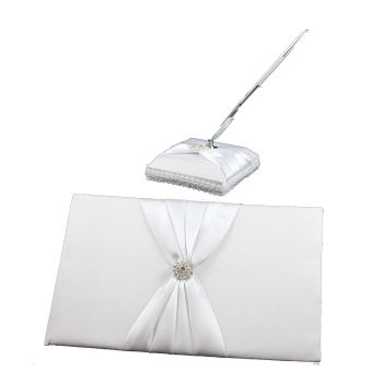 White Wedding Guest Book Register with Silver Pen Matching Stand Set 36 Lined Pages - White Sach Diamante Cover