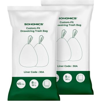 SONGMICS 2-Roll Drawstring Trash Bags Bundle?Suitable for SONGMICS Dual 2 x 30L Rubbish Bin - Leakproof, Strong HDPE, White Garbage Liners