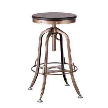 Industrial Wooden Height Adjustable Swivel Bar Stool - French Brass