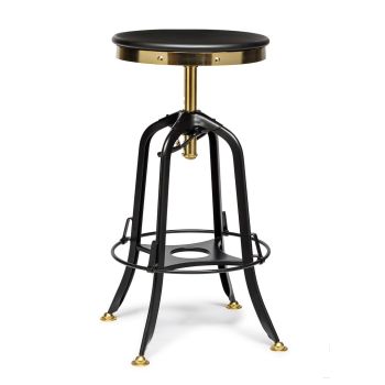 Industrial Wooden Height Adjustable Swivel Bar Stool - Gold Black