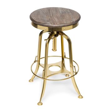 Industrial Height Adjustable Swivel Bar Stool with Oak Wood Top - Gold Finish