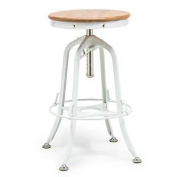 White Bar Stool Hamptons Style Height Adjustable and Swivel with Natural Wood Top