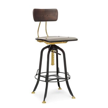 Industrial Wooden Height Adjustable Swivel Bar Stool Chair with Back - Gold Black