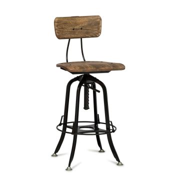 Industrial Wooden Height Adjustable Swivel Bar Stool Chair with Back - Black Rustic