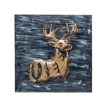 Decorative Deer 3D Wood Metal Wall Art Decor in Blue and Rusty Gold